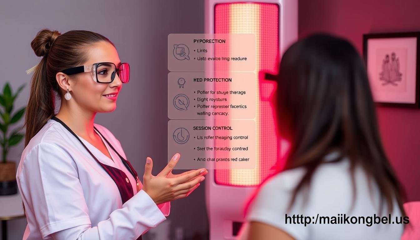 Client receiving safety instructions before red light therapy session