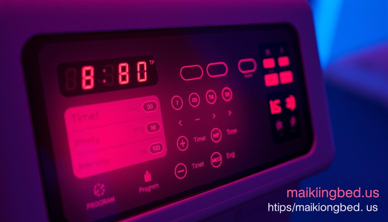 Close-up of red light therapy bed control panel showing key features and settings