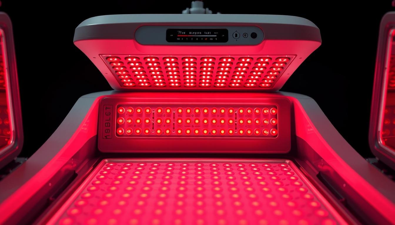 Close-up of red light therapy bed showing key technical components and features