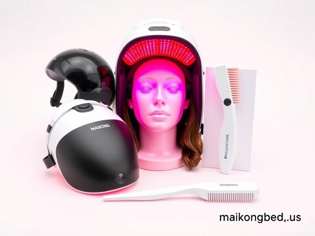 Collection of MAIKONG specialized red light therapy devices including helmet, mask and comb