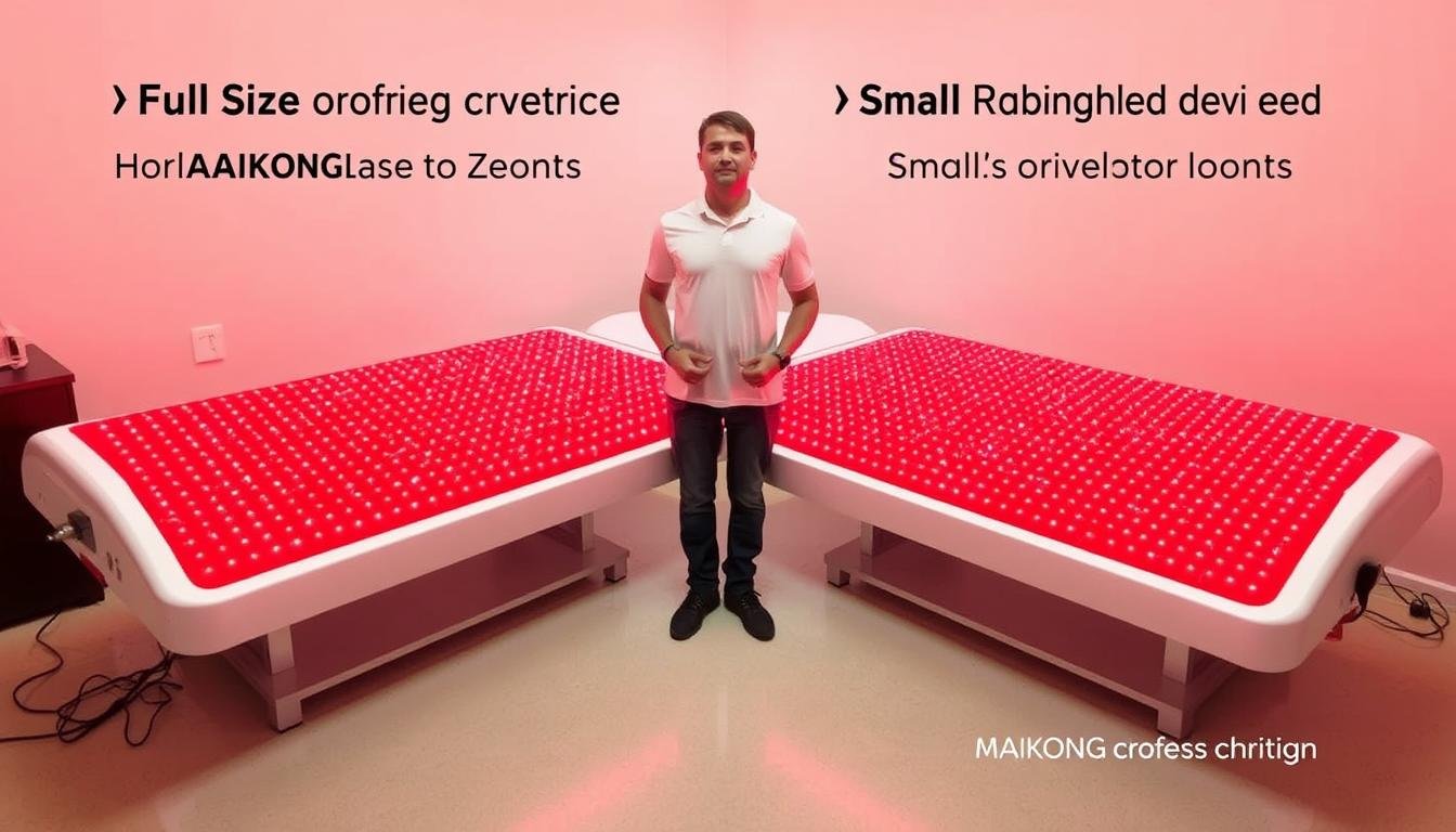 Comparison between professional red light therapy bed and handheld home device showing size difference