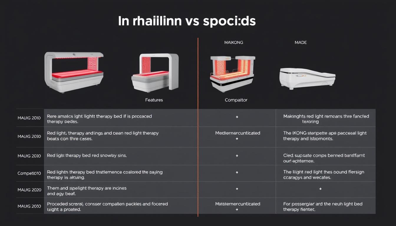 Comparison chart showing MAIKONG Red Light Therapy Beds versus competitor products