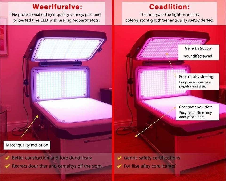 Comparison of different quality red light therapy devices showing safety features