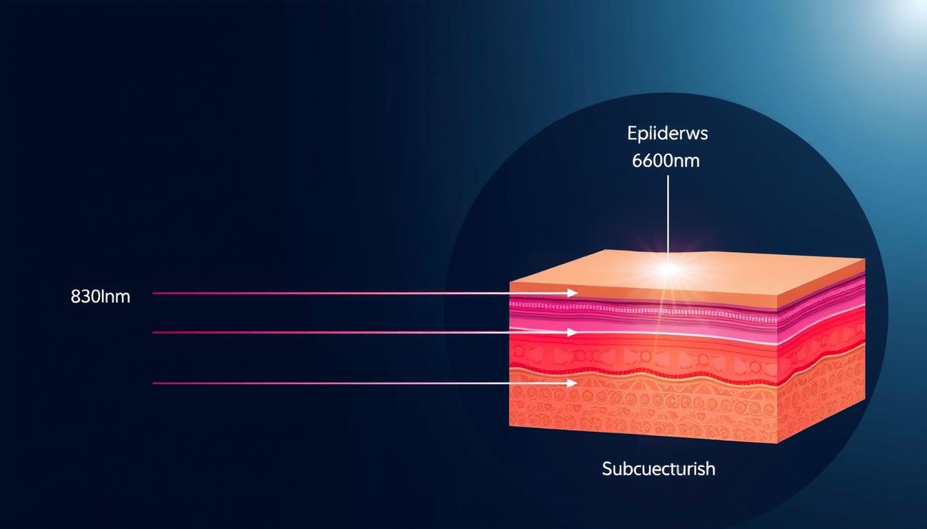 Diagram showing different wavelengths of red and near-infrared light and their penetration depths Diagram showing different wavelengths of red and near-infrared light and their penetration depths