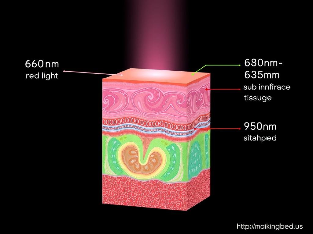Diagram showing how different wavelengths of red light therapy penetrate skin layers