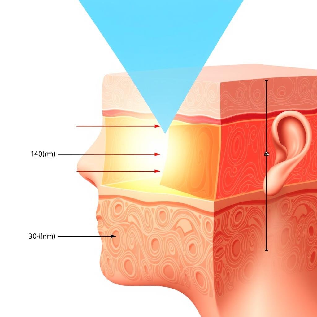 Diagram showing penetration depth of different light wavelengths through skin layers