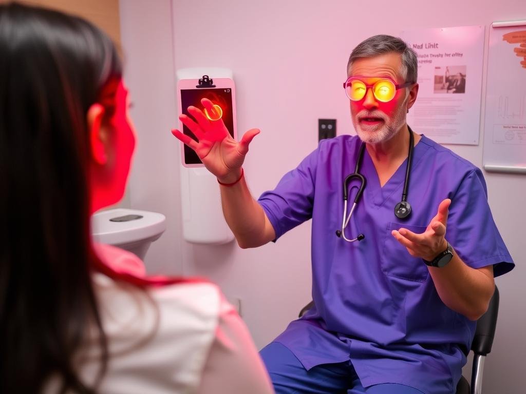 Doctor explaining red light therapy safety to a patient