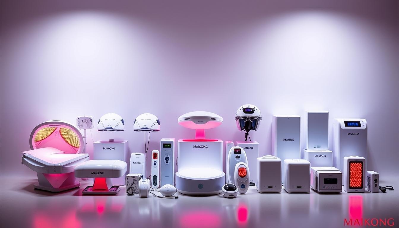 Full range of MAIKONG red light therapy products showing safety certifications