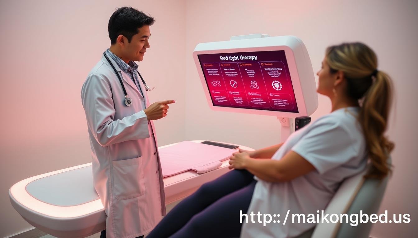 Healthcare professional explaining red light therapy benefits to a patient next to a therapy bed