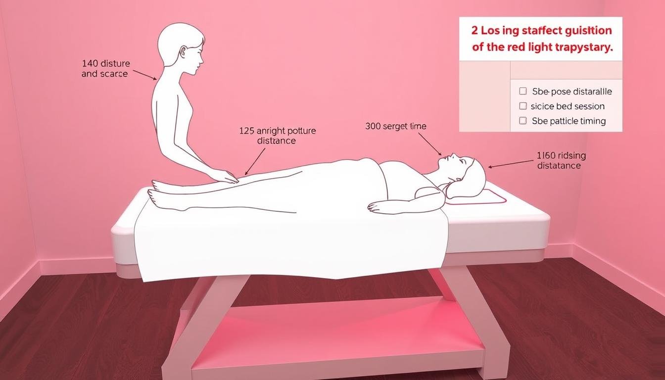 Illustrated guide showing proper positioning and usage of a red light therapy bed