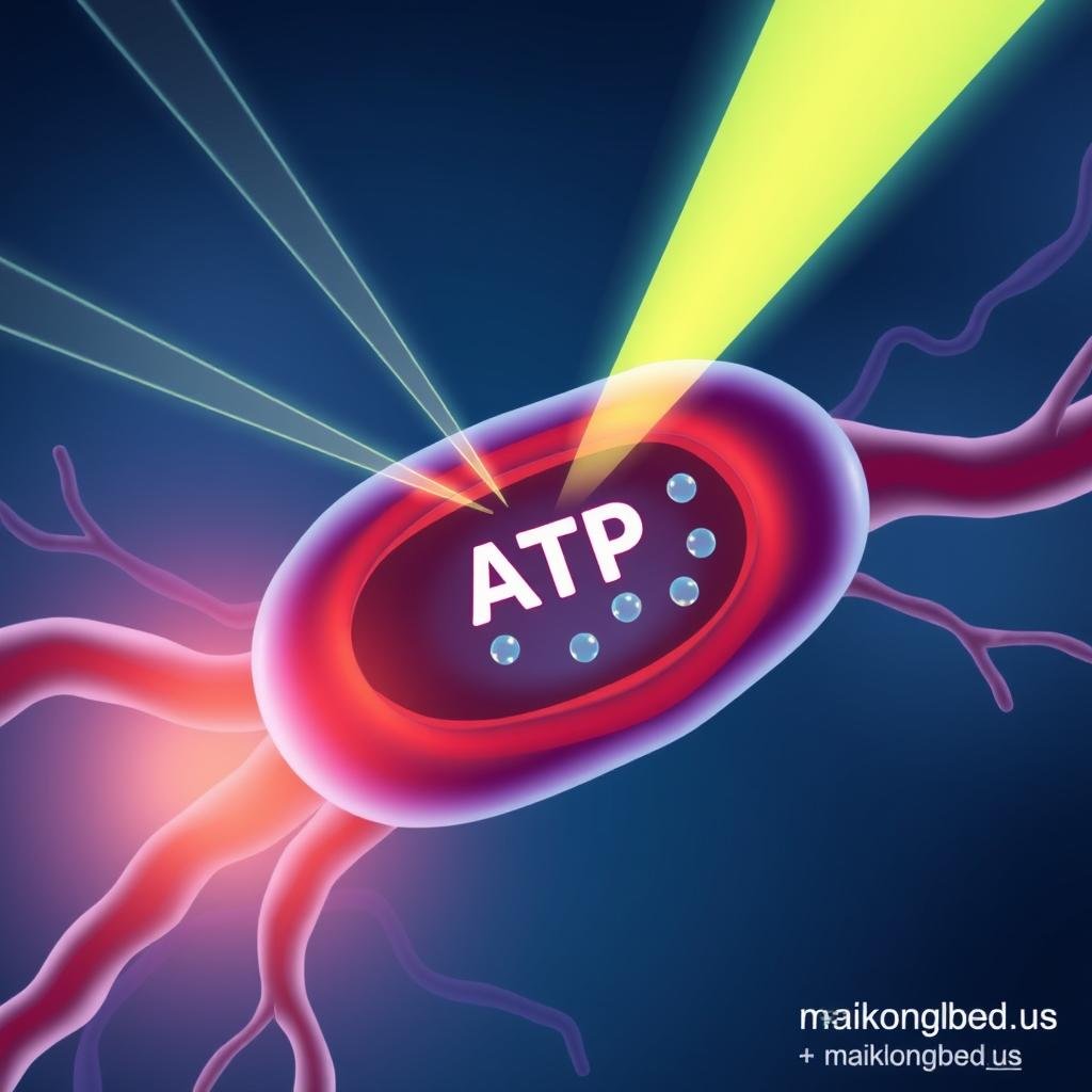 Illustration of ATP production in mitochondria stimulated by infrared light