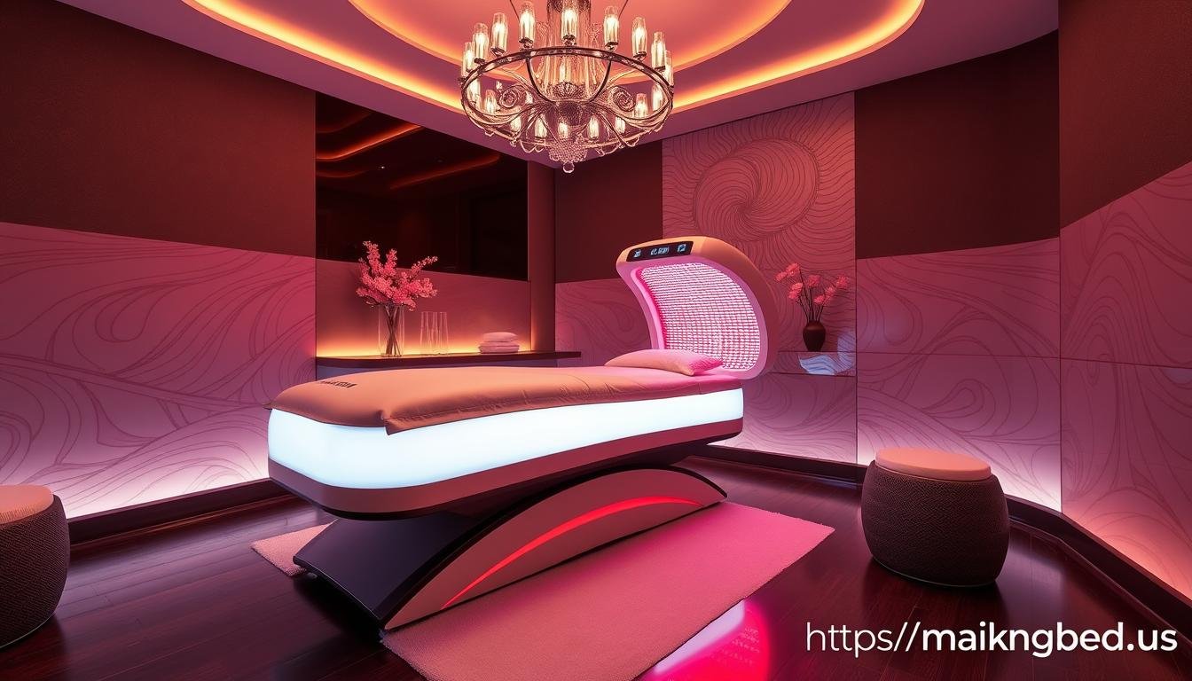 Luxury spa setting with MAIKONG red light therapy bed as a premium service offering