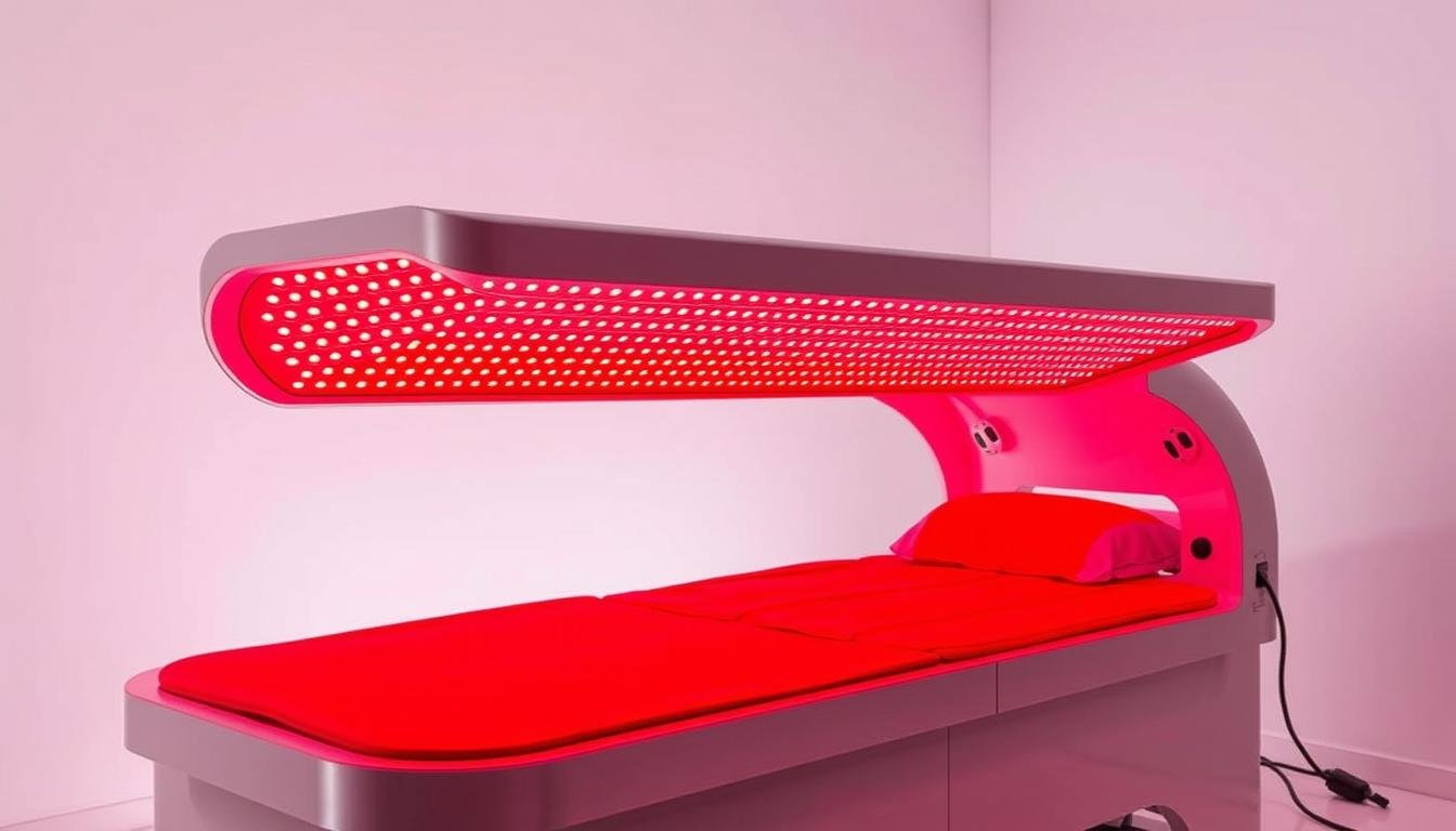 MAIKONG Red Light Therapy Bed showing red LED lights in operation