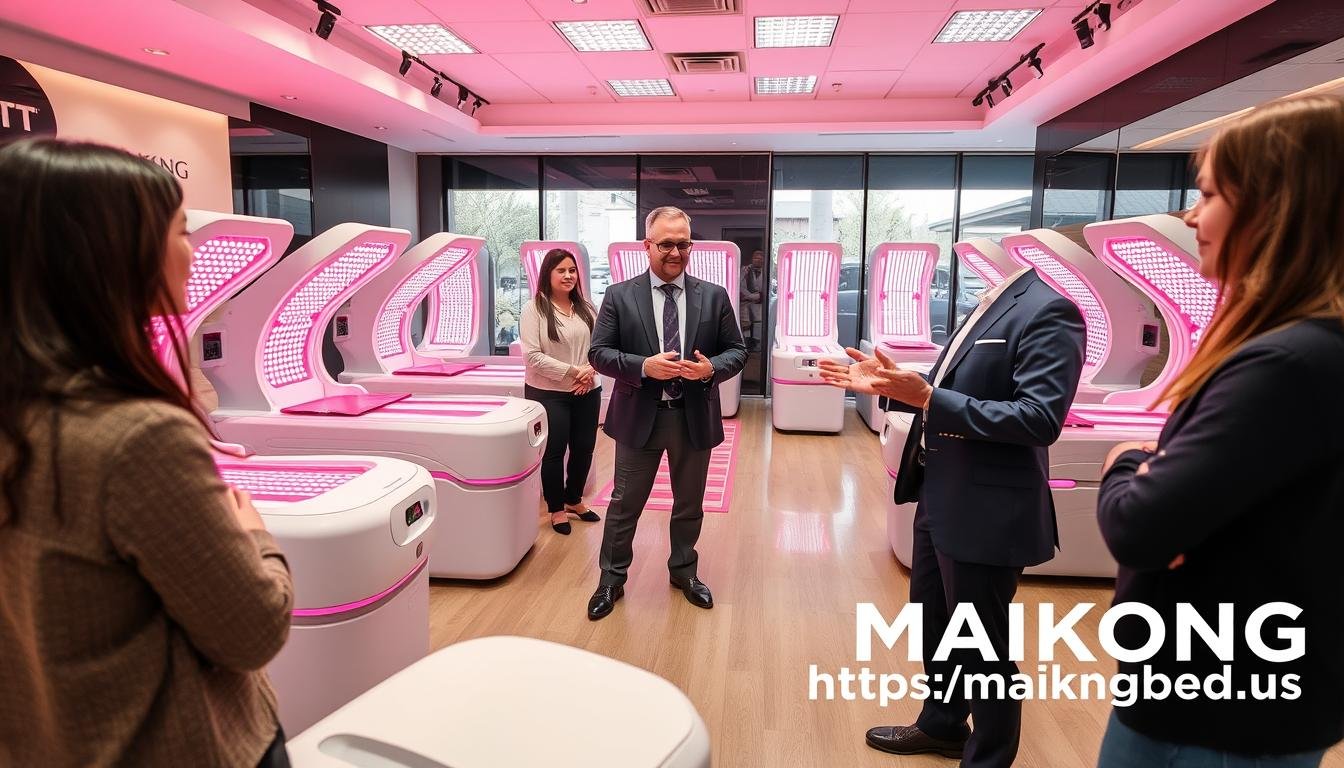 MAIKONG distributor showcasing red light therapy beds to clients