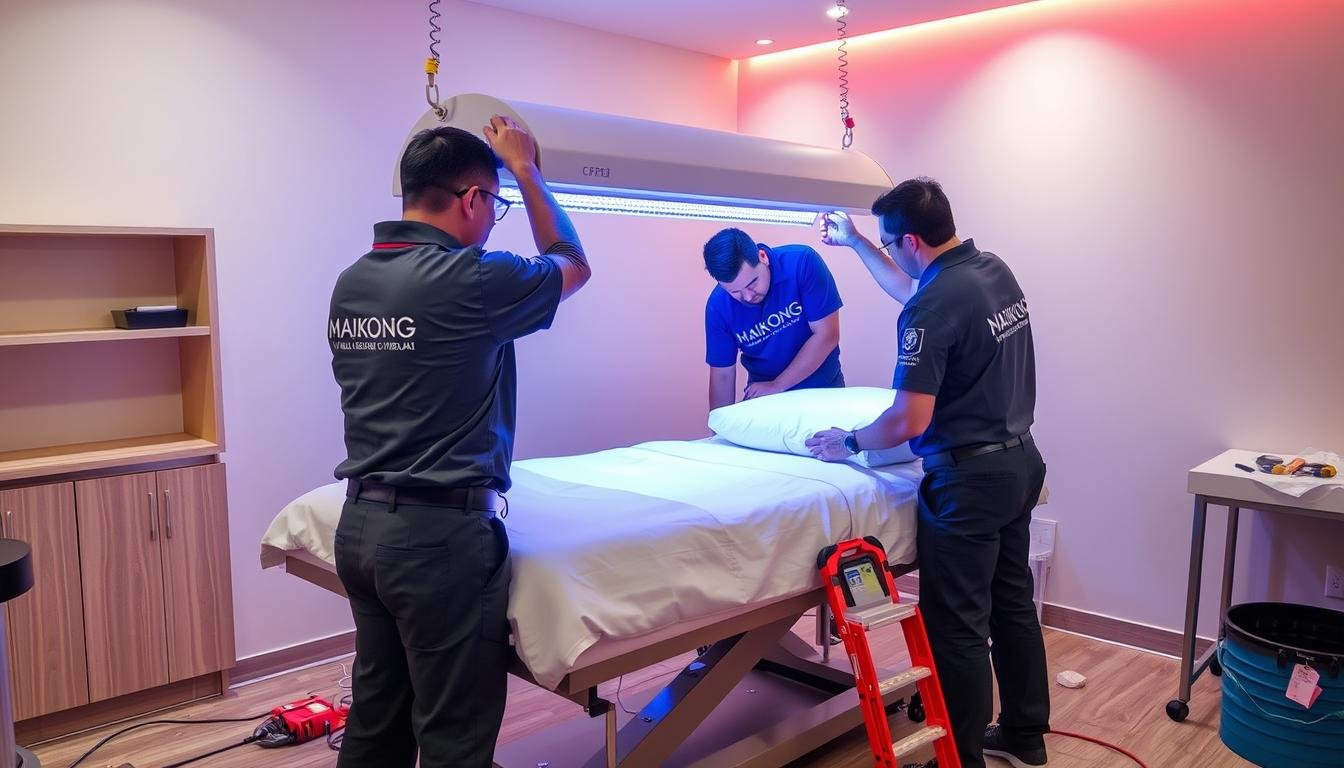MAIKONG technician installing red light therapy bed in wellness center