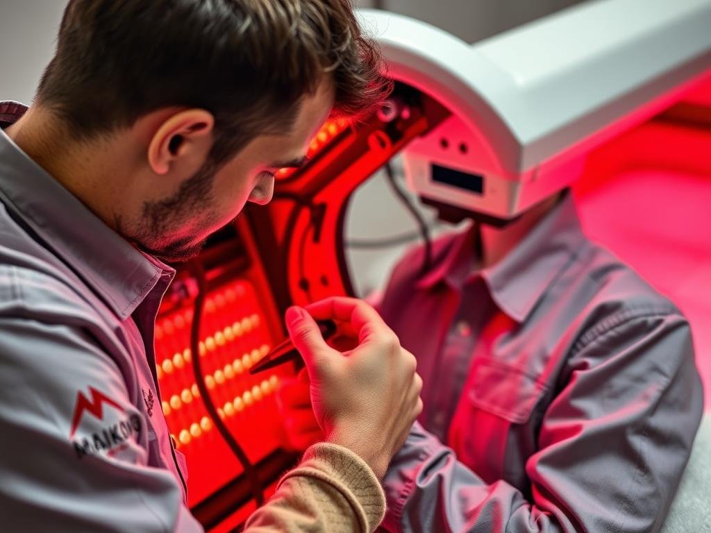 MAIKONG technician performing maintenance on red light therapy bed