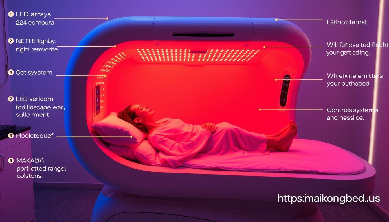 MAIKONG's advanced red light therapy bed with technical features highlighted
