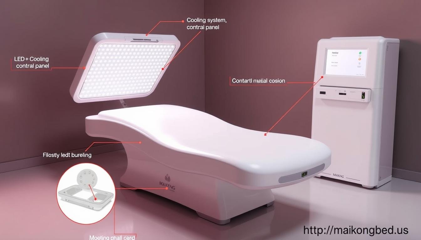 MAIKONG's premium red light therapy bed with technical features highlighted