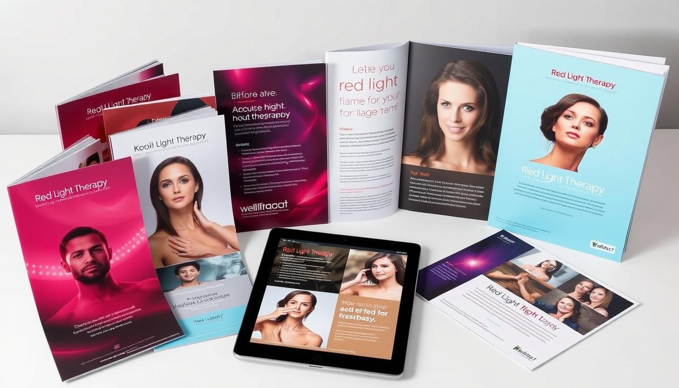 Marketing materials for red light therapy services including brochures and digital content
