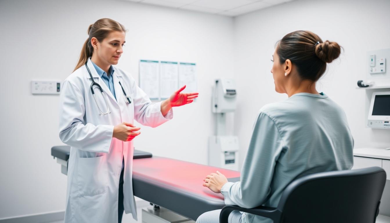 Medical professional demonstrating a red light therapy bed to a client
