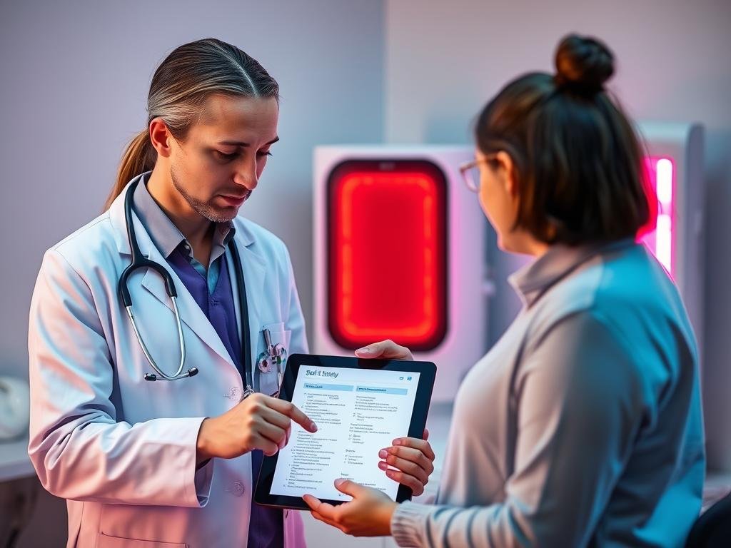 Medical professional discussing Red Light Therapy Bed Safety with patient reviewing medication list