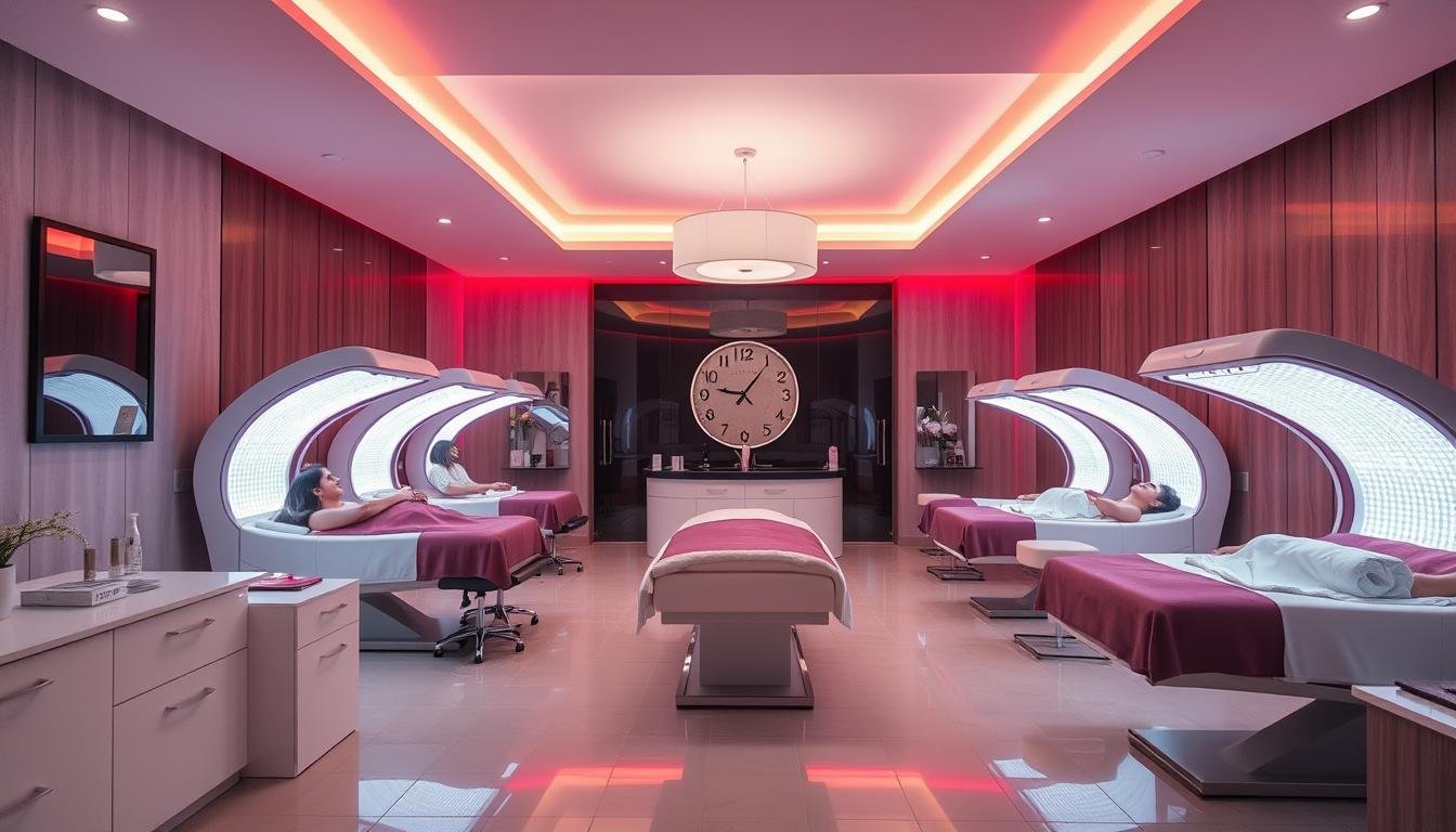 Modern wellness center with red light therapy beds as part of their service offerings