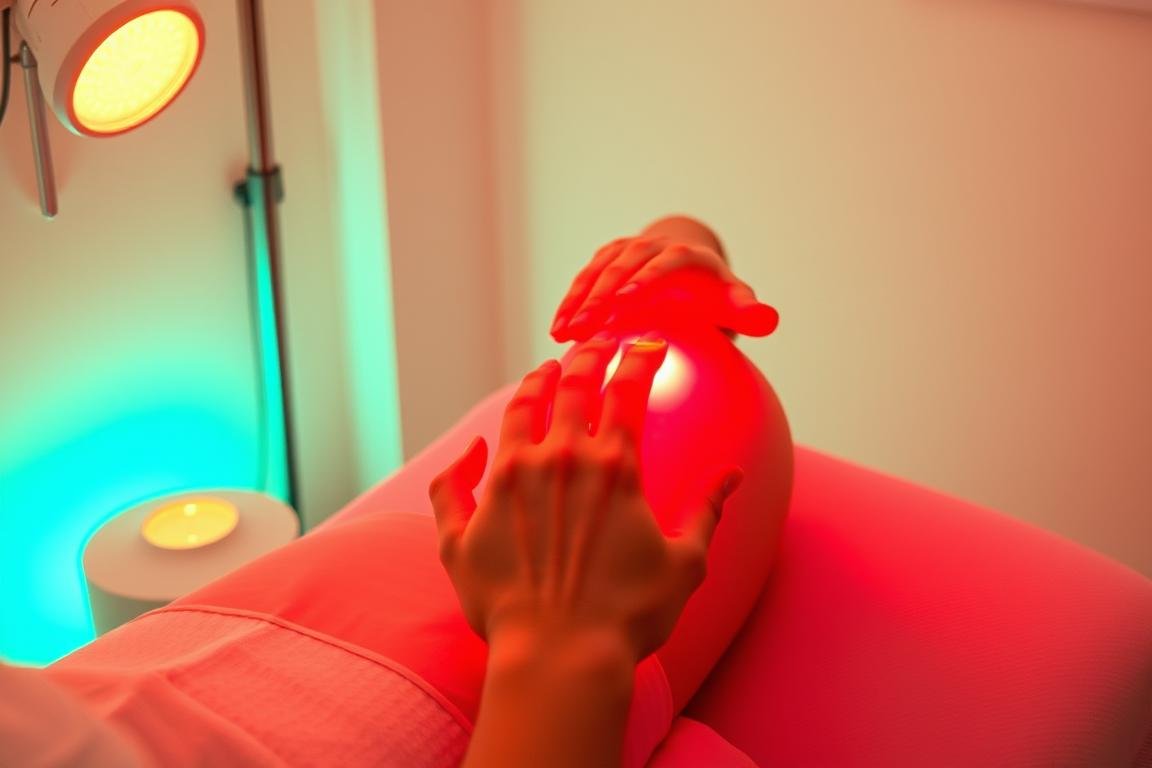 Person experiencing pain relief from red light therapy treatment
