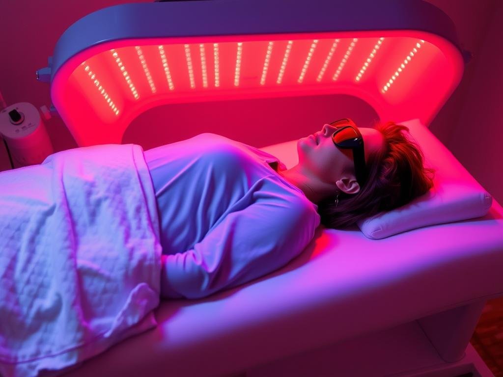 Person properly positioned in a red light therapy bed with safety equipment