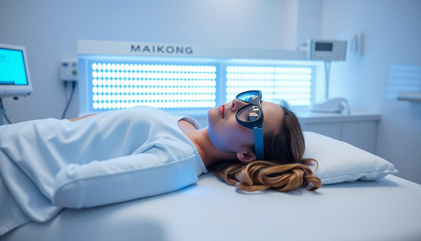 Person receiving blue light therapy for skin treatment on MAIKONG Infrared Bed