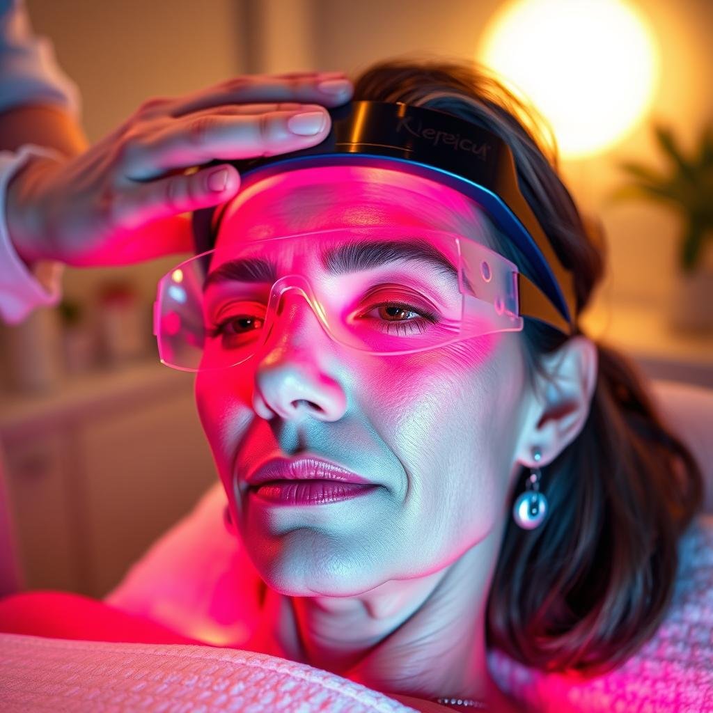 Person receiving facial red light therapy for skin rejuvenation