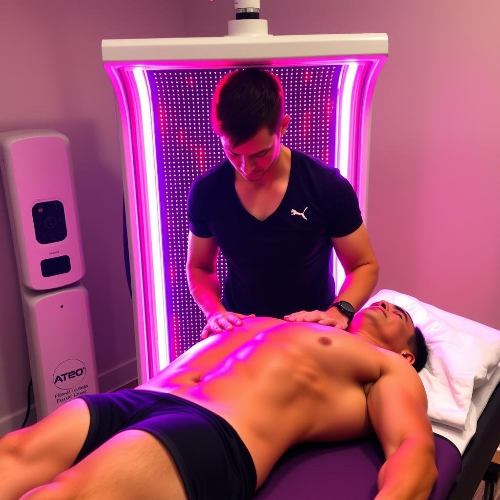 Person receiving red light therapy treatment for muscle recovery