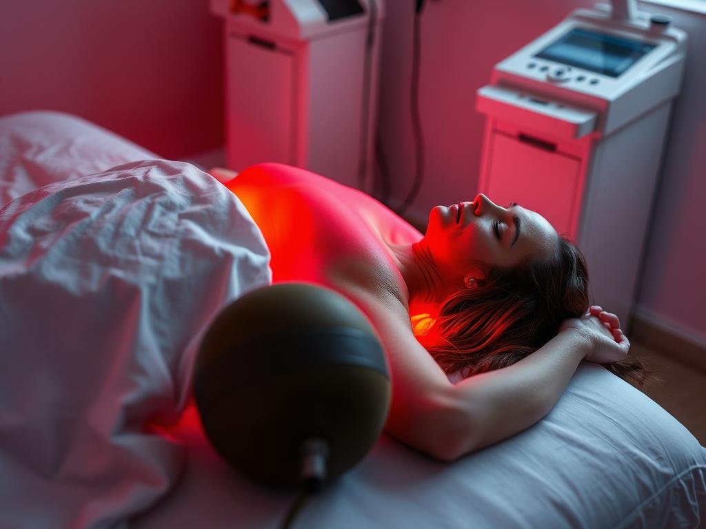 Person relaxing during a red light therapy session showing the safety and comfort of the treatment