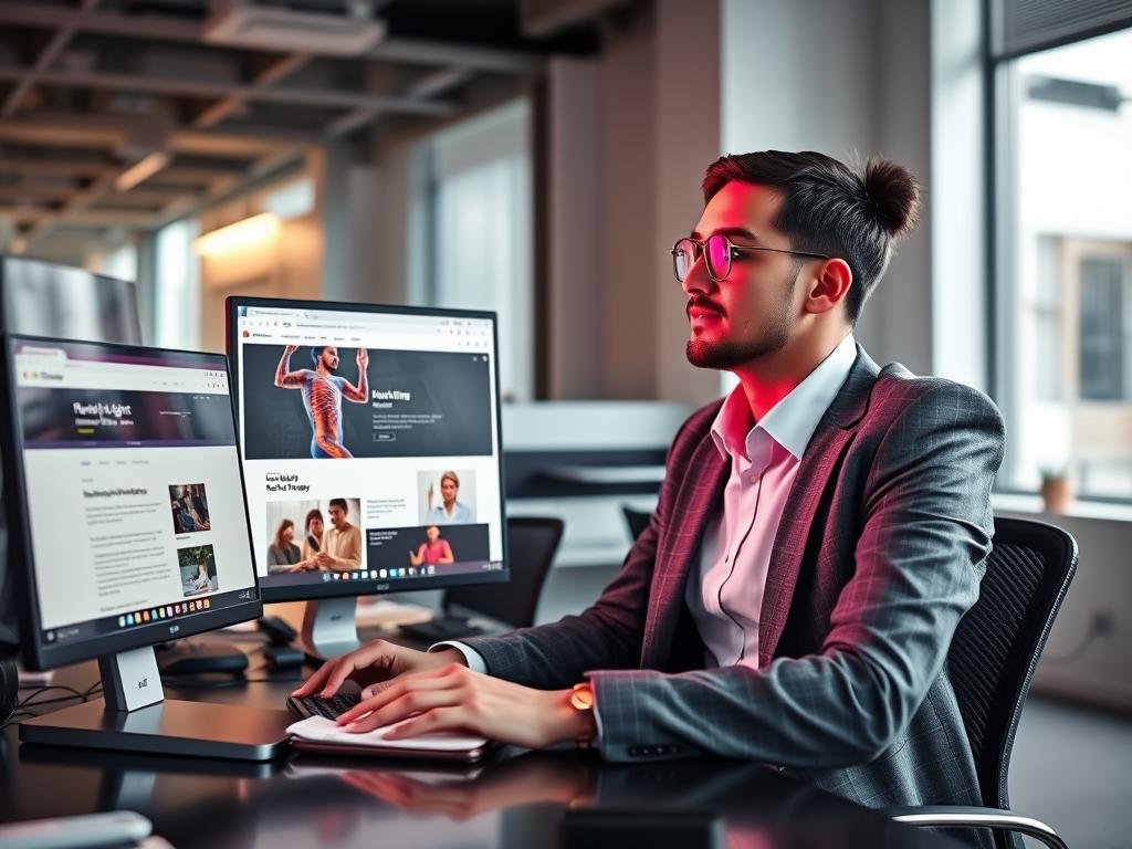 Person researching red light therapy bed reviews on a computer