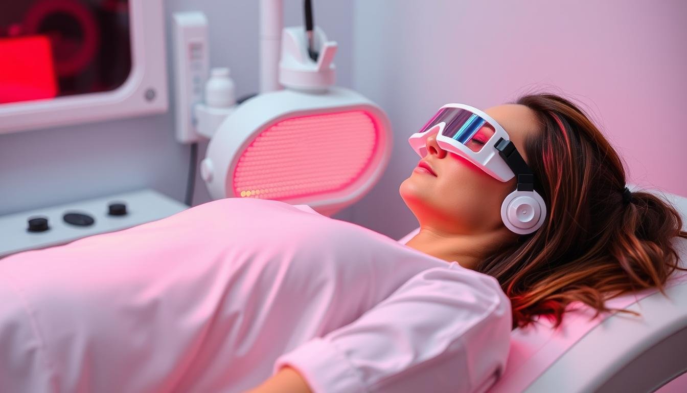 Person safely using red light therapy bed with proper eye protection
