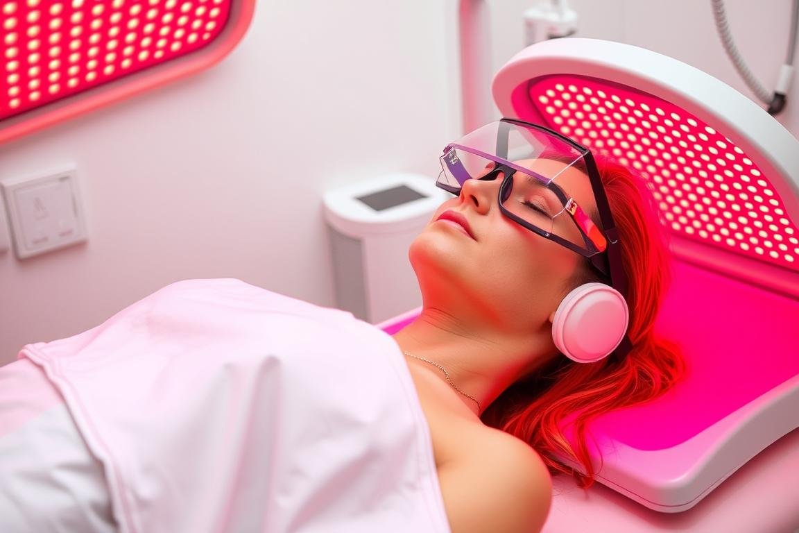 Person using a red light therapy bed with proper safety precautions