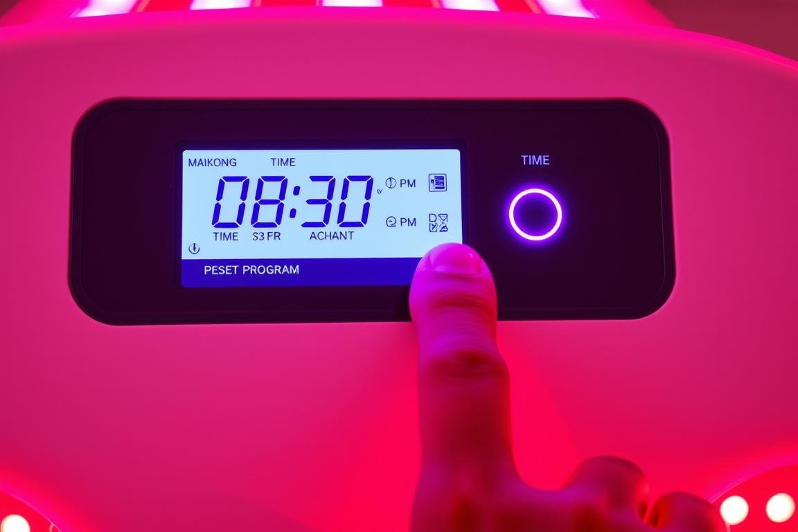 Person using timer controls on a red light therapy bed for safe session timing