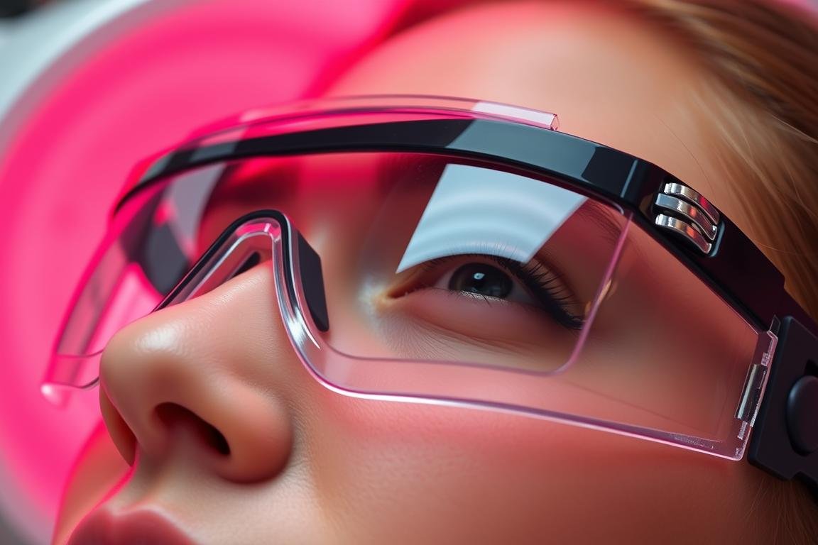 Person wearing protective goggles during red light therapy session