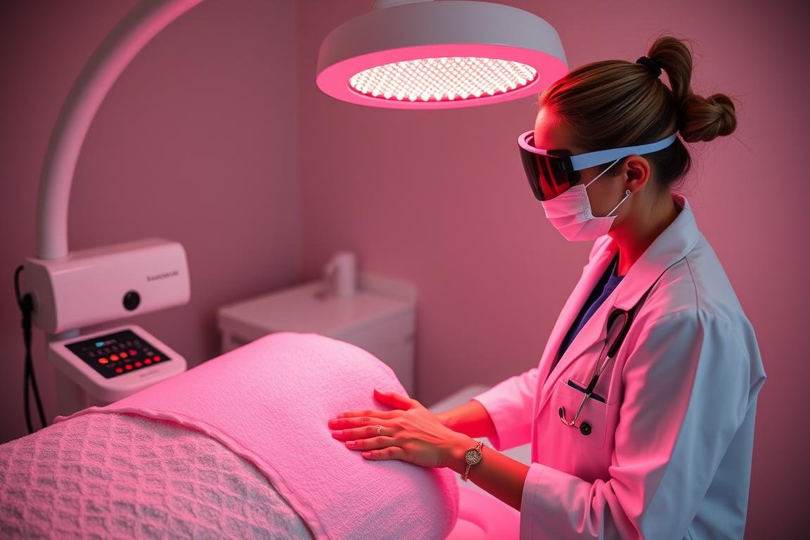 Professional demonstrating proper safety protocols for red light therapy bed usage