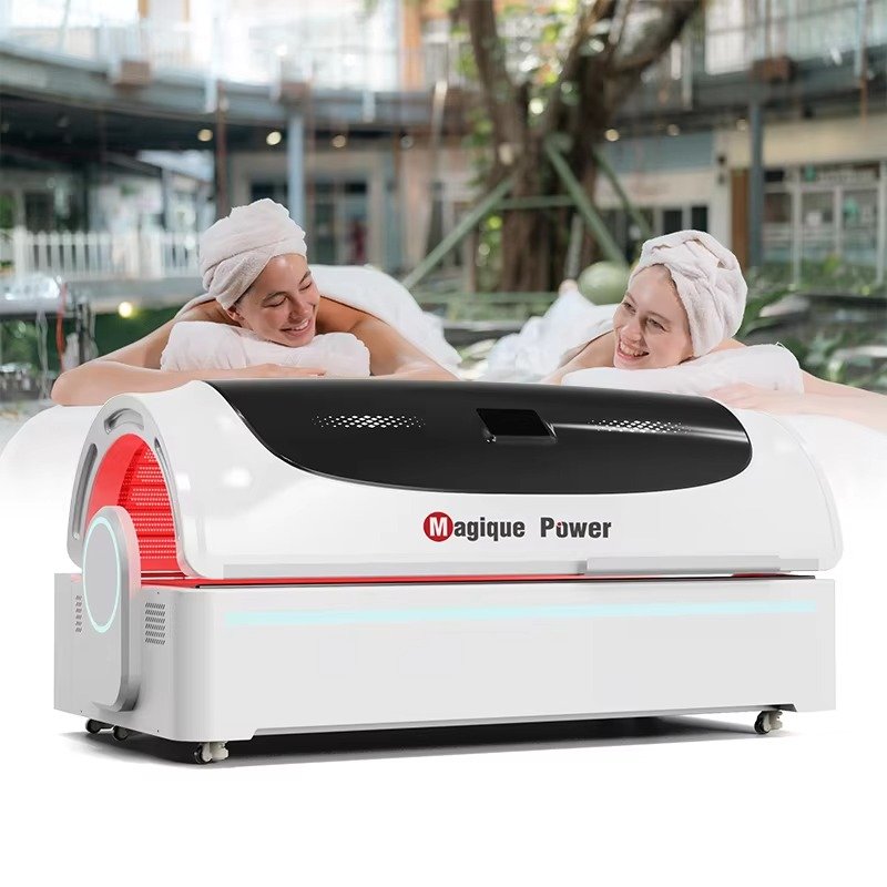 Professional Red Light Therapy Bed with red and infrared light panels illuminated