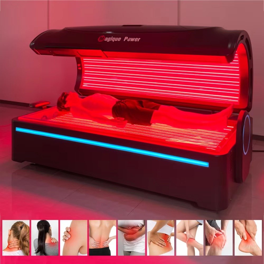 Red light therapy lamp emitting therapeutic red wavelengths in a tanning bed setup