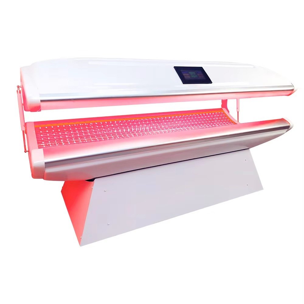 Professional Red Light Therapy Bed with red and infrared light panels illuminated