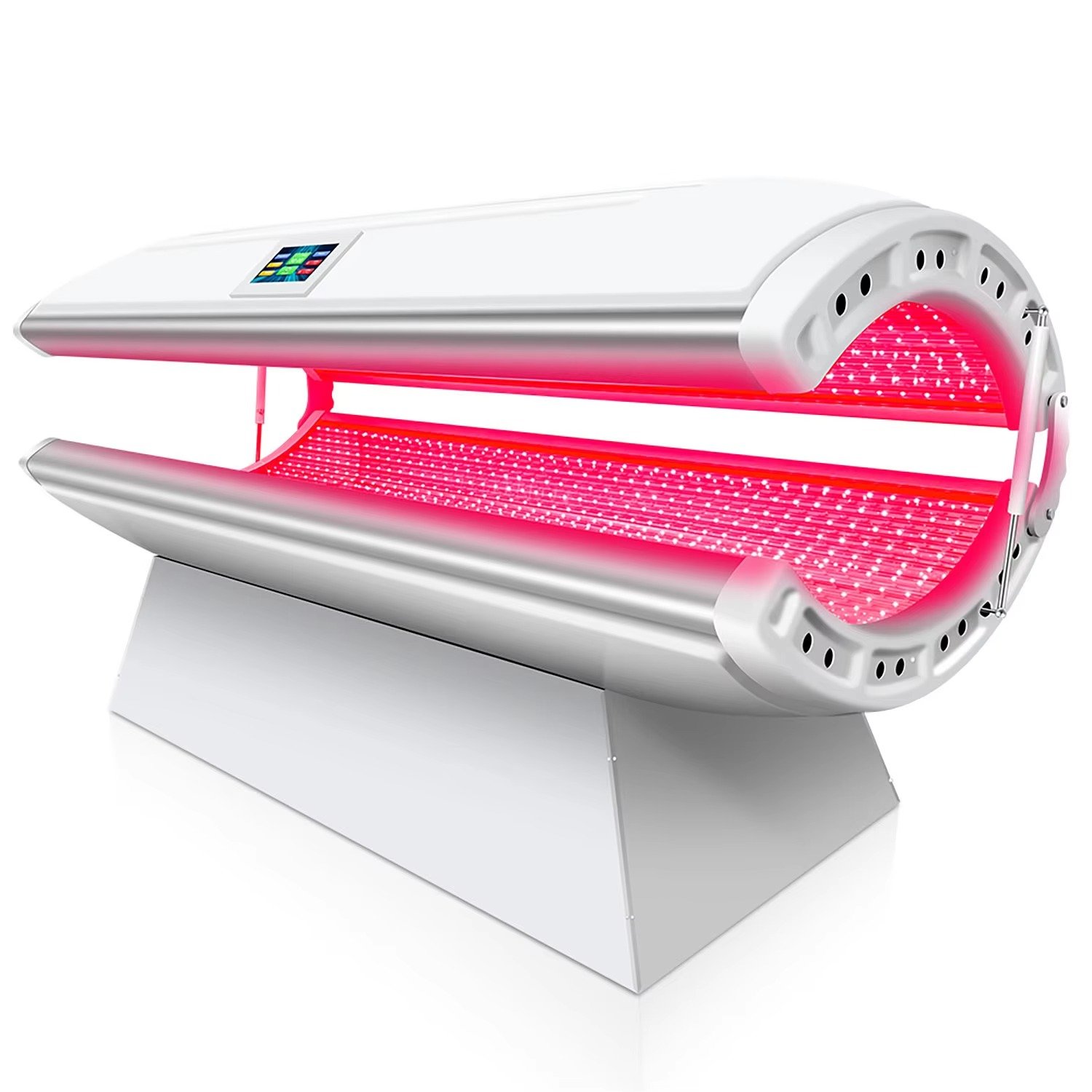 Professional Red Light Therapy Bed with red and infrared light panels illuminated