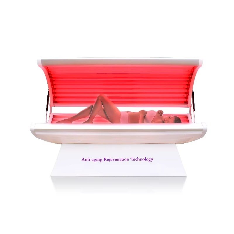 Professional Red Light Therapy Bed with red and infrared light panels illuminated