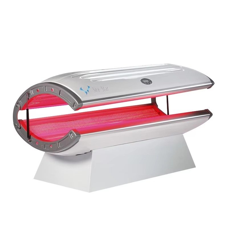 Professional Red Light Therapy Bed with red and infrared light panels illuminated