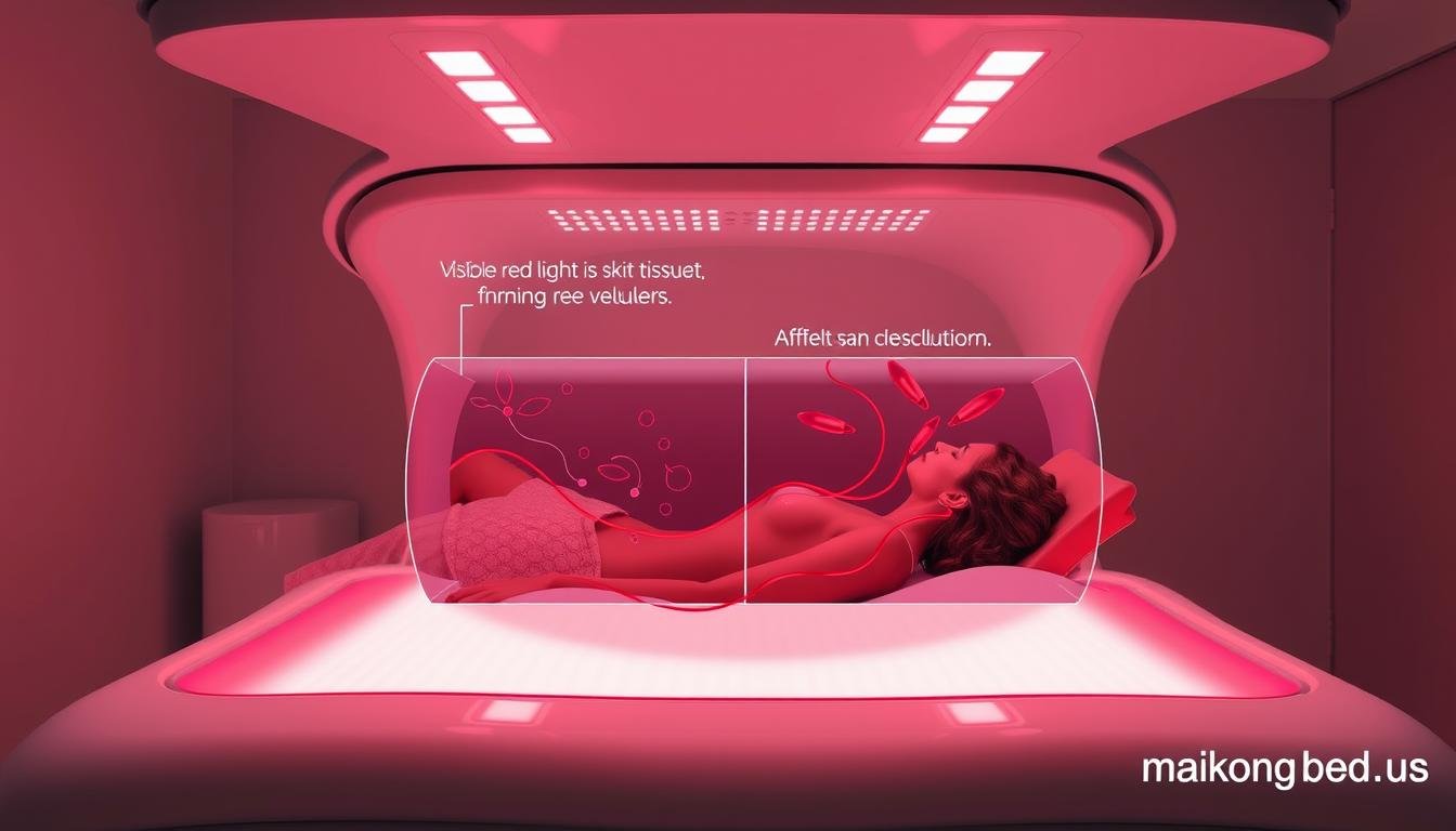 Red light therapy bed showing red wavelengths penetrating skin tissue to improve circulation