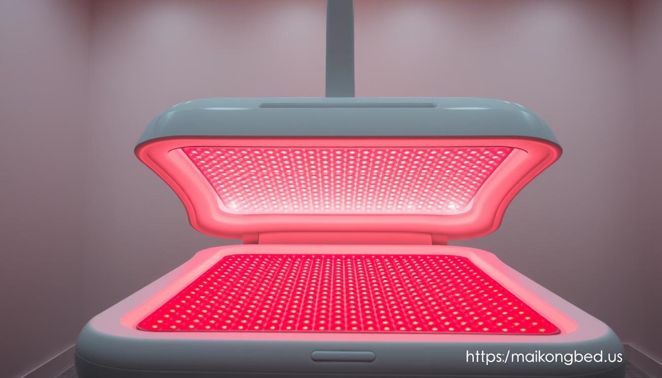 Red light therapy bed showing the internal LED configuration and wavelength emission