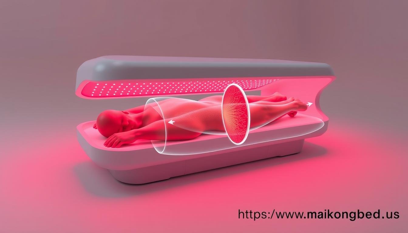 Red light therapy bed showing the mechanism of action on muscle tissue
