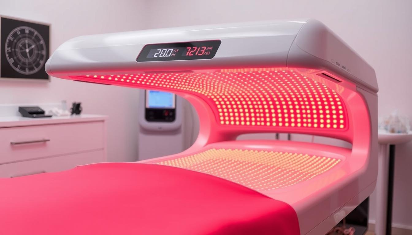 Red light therapy bed showing the red LED lights and their wavelength properties