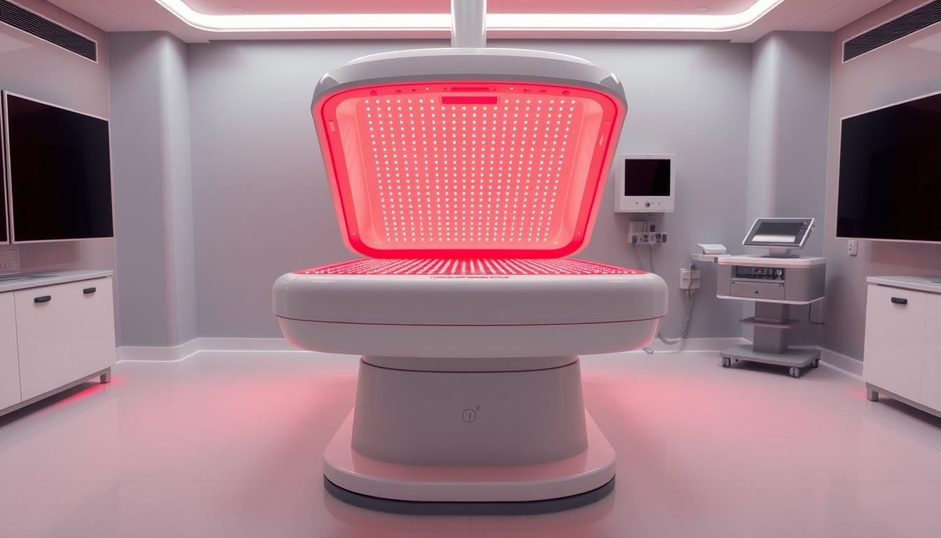 Red light therapy bed showing the red LED lights and treatment surface