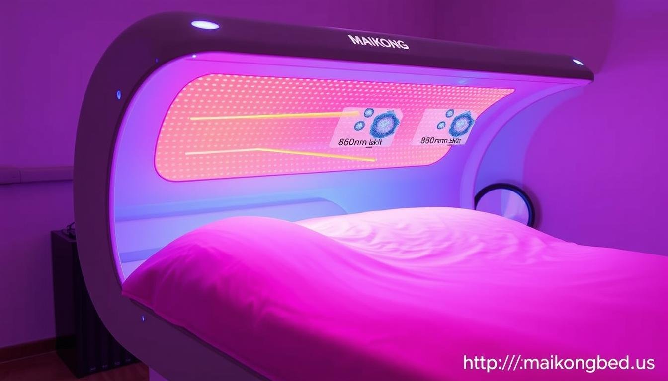 Red light therapy bed showing the science of photobiomodulation with wavelength illustration